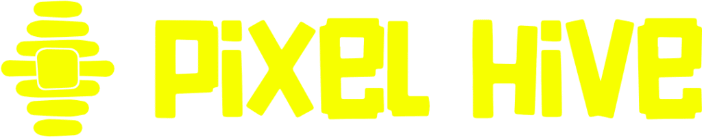 PixelHive,text,logo,design,branding,playful,cartoonish,yellow,creative,fun,hive,portfolio