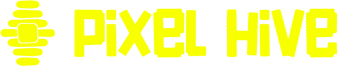 PixelHive,text,logo,design,branding,playful,cartoonish,yellow,creative,fun,hive,portfolio