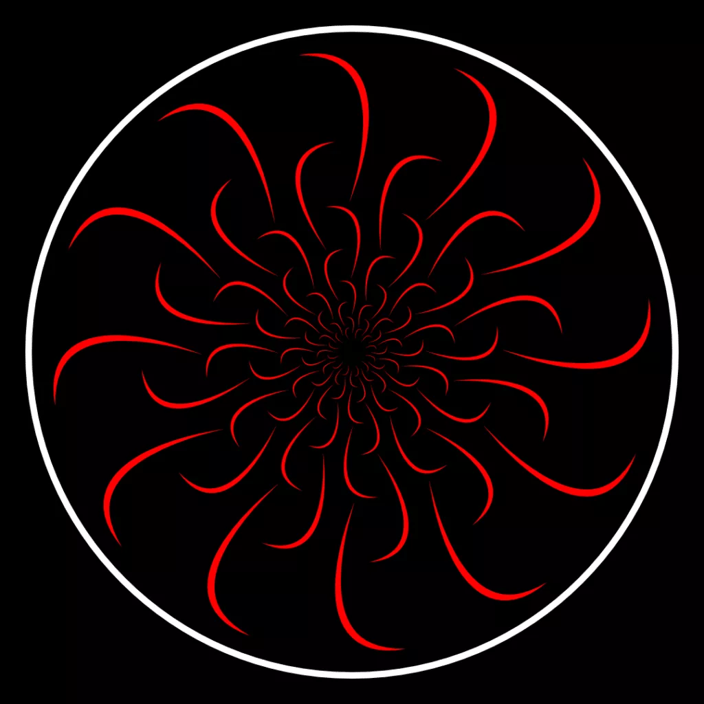 Abstract red swirl pattern on black background.