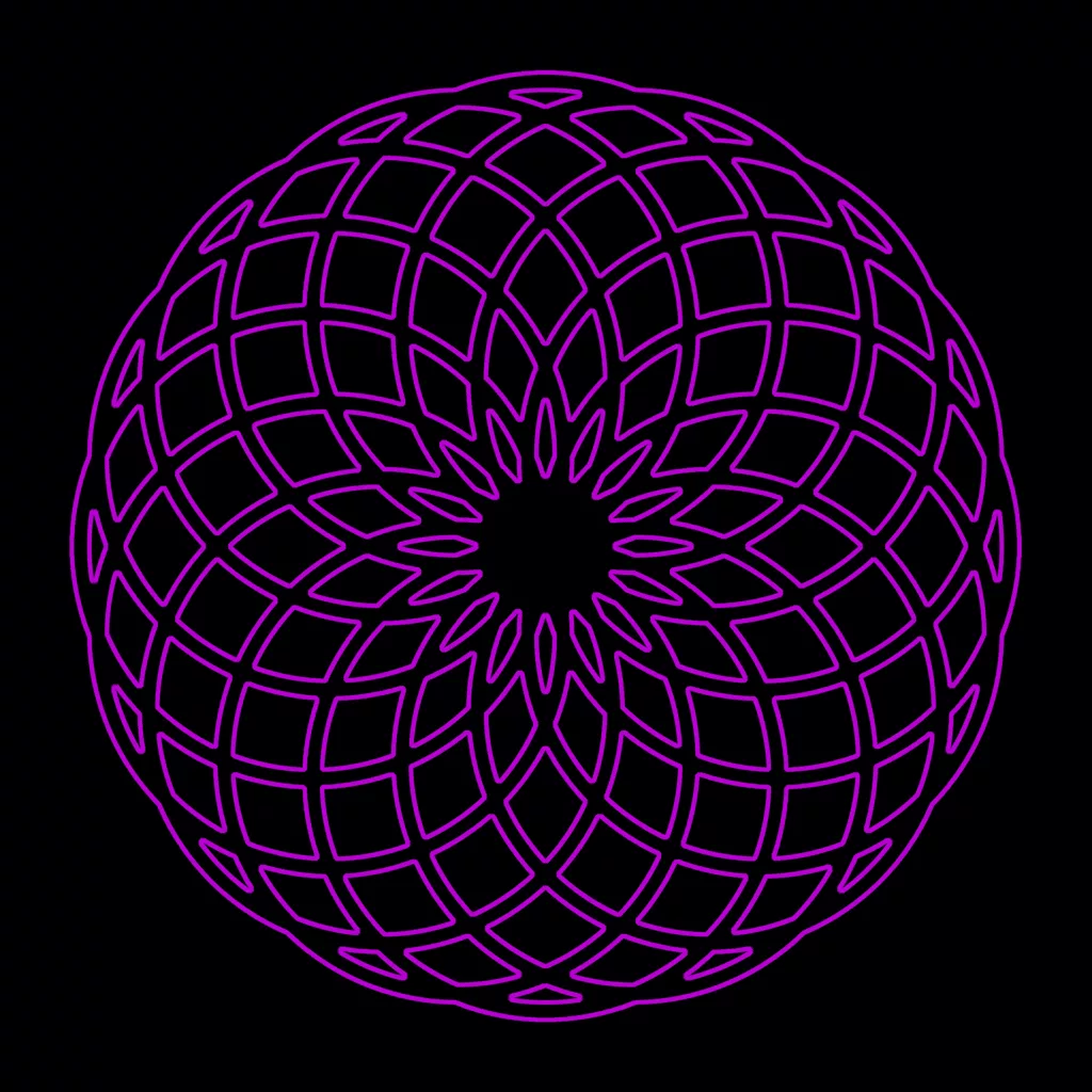 Complex purple geometric pattern on black background.