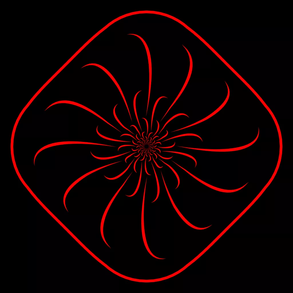 Abstract red geometric spiral design on black background.