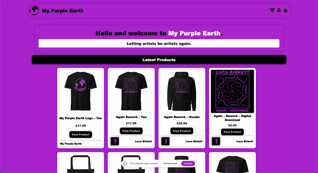 My Purple Earth products and apparel display.